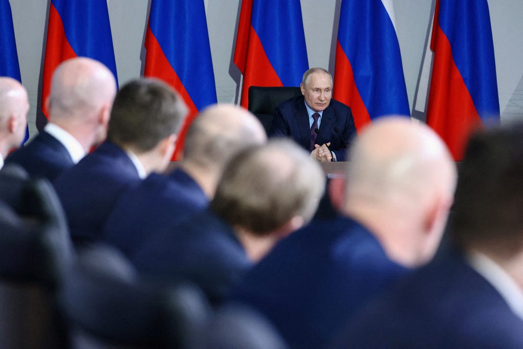 Photo: Russian President Vladimir Putin chairs a meeting on the development of unmanned aircraft, at the Rudnyovo industrial park in Moscow, Russia April 27, 2023. Credit: Sputnik/Artem Geodakyan/Pool via REUTERS ATTENTION EDITORS - THIS IMAGE WAS PROVIDED BY A THIRD PARTY. TPX IMAGES OF THE DAY