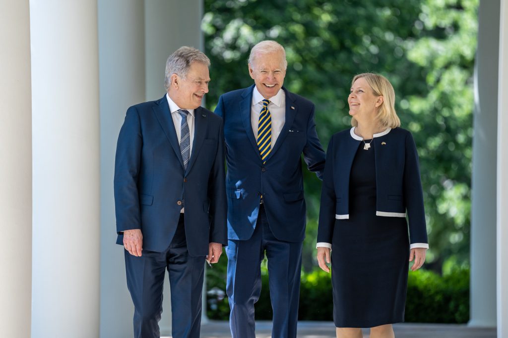 President Joe Biden, President Sauli Niinistö of Finland, and Swedish Prime Minister Magdalena Andersson, walk along the West Colonnade of the White House, Thursday, May 19, 2022, to deliver remarks in the Rose Garden. (Official White House Photo by Adam Schultz)