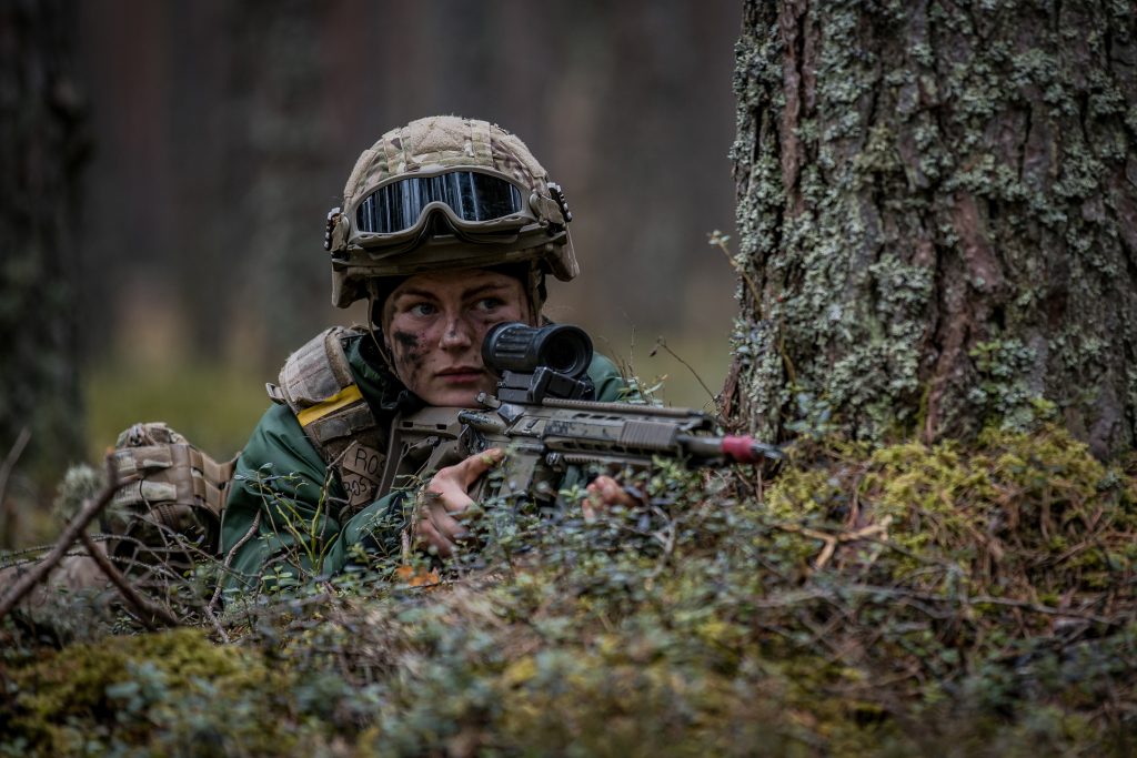 A Danish soldier hiding in the woods during exercise Crystal Arrow 2023 in Latvia. Credit: NATO via Flickr.