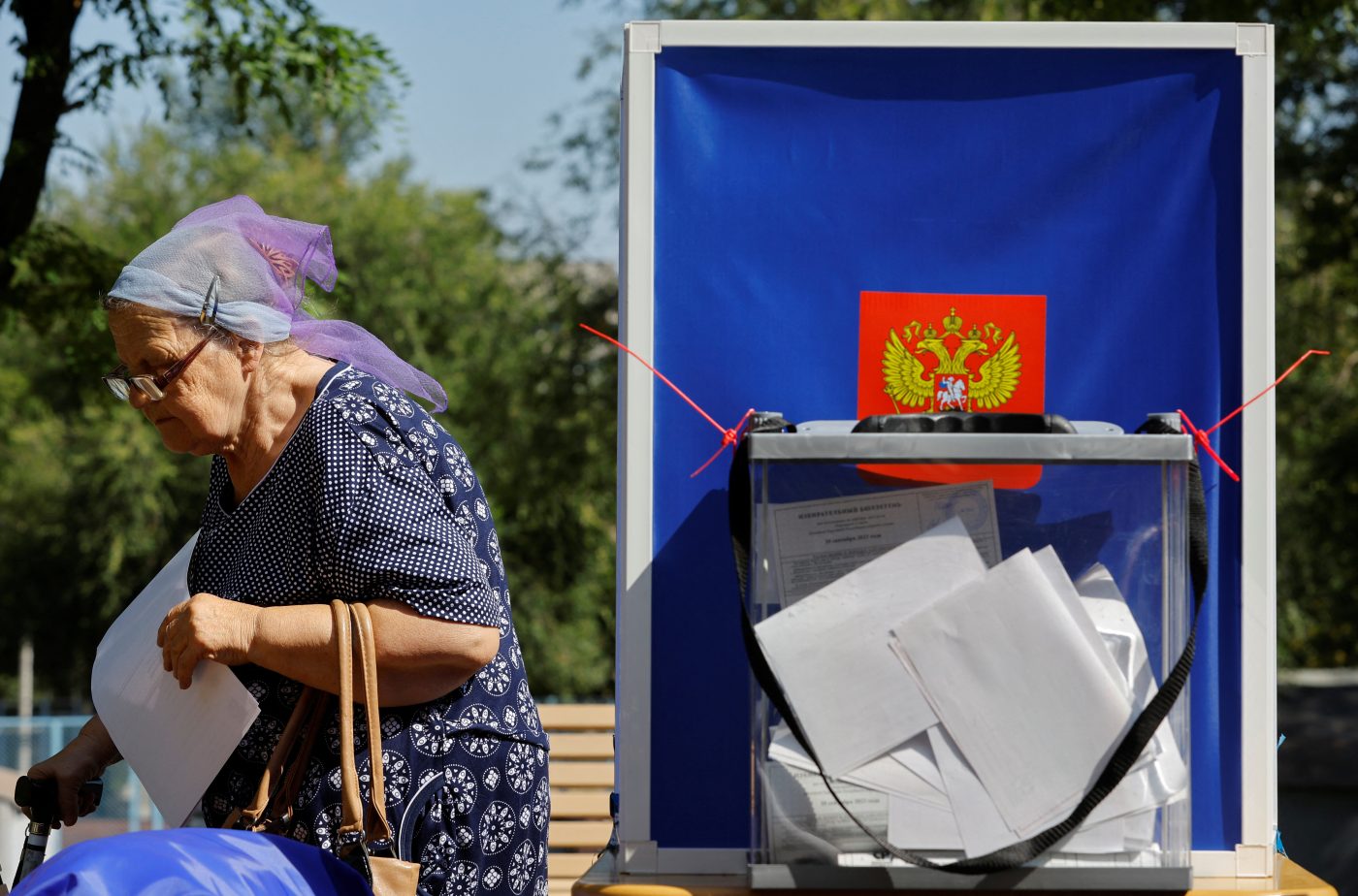 Photo: A voter visits a mobile polling station during local elections held by the Russian-installed authorities in the course of Russia-Ukraine conflict in the city of Mariupol, Russian-controlled Ukraine, August 31, 2023. Credit: REUTERS/Alexander Ermochenko