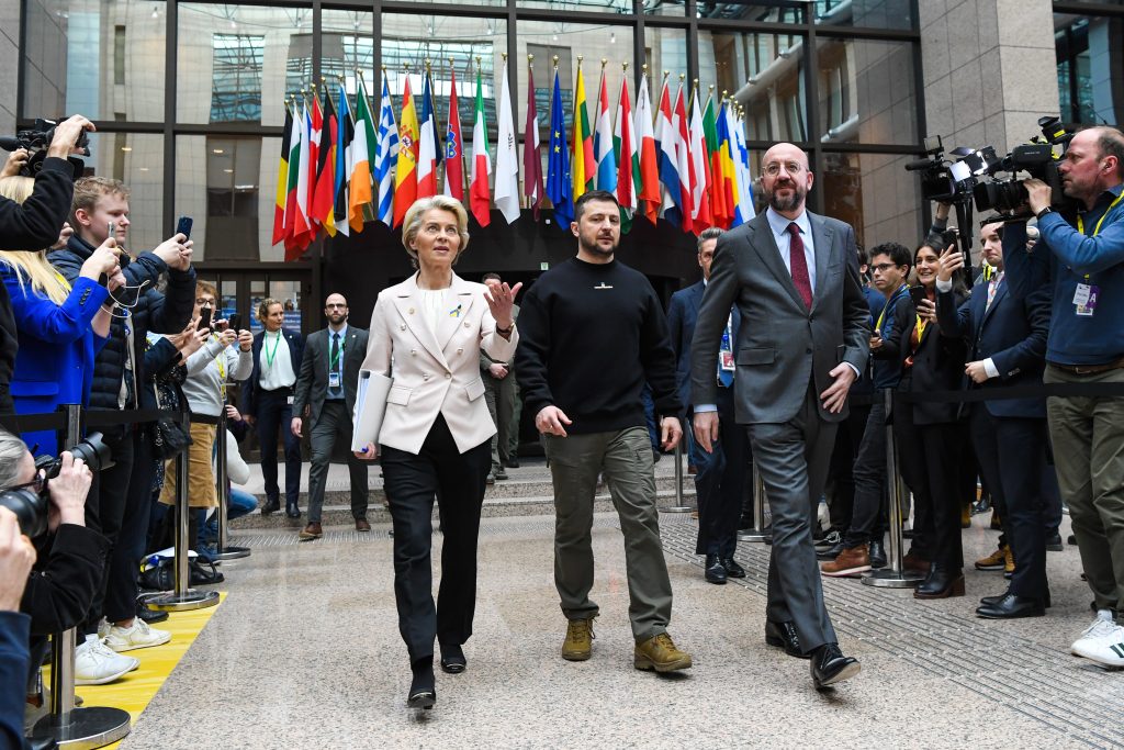 President Ursula von der Leyen, President Volodymyr Zelenskyy, and European Council President Charles Michel walk together. European Commission. February 9, 2023.