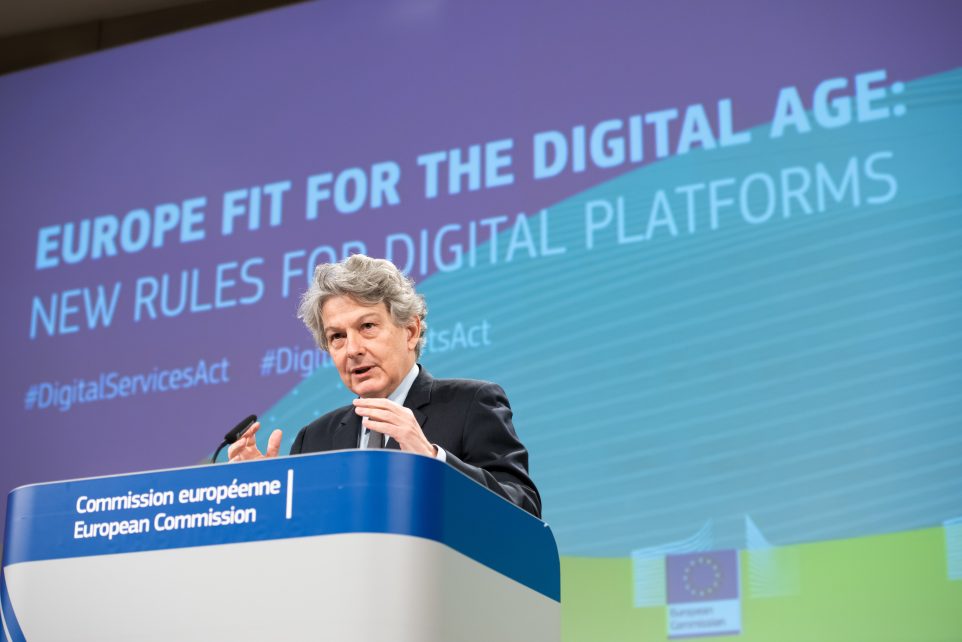 Photo: Thierry Breton, European Commissioner, gives a press conference on the Digital Services Act and the Digital Markets Act. Credit: Aurore Martignoni/European Commission
