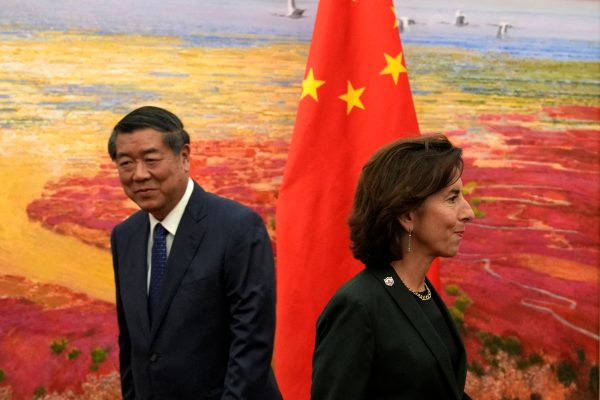 Photo: US Commerce Secretary Gina Raimondo and Chinese Vice Premier He Lifeng head to their seats for a meeting at the Great Hall of the People in Beijing, China, Tuesday, August, 29, 2023. Credit: Andy Wong/Pool via REUTERS