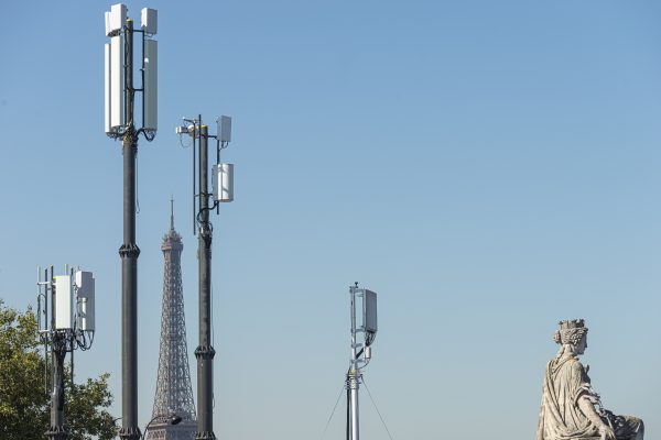 Photo: To ensure 4G and 5G connectivity during the festivities organized in the Rugby Village Fan Zone, cell phone towers have been built on the Place de la Concorde. Paris, France, 2023-09-07. Credit: Joao Luiz Bulcao / Hans Lucas.