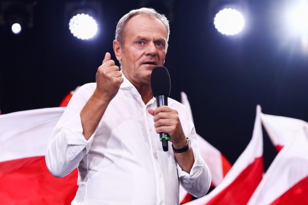 Photo: Donald Tusk, the leader of Civic Platform (PO) opposition alliance, speaks during election convention in Katowice, Poland on October 12, 2023. This year's parliamentary elections will be held in Poland on October 15th. Credit: Beata Zawrzel/NurPhoto