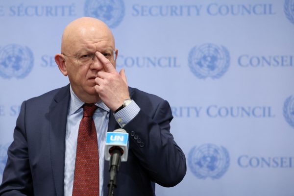 Photo: Russian Ambassador to the UN Vassily Nebenzia speaks to members of the media after a UN Security Council meeting about the ongoing conflict in Gaza, at the United Nations Headquarters in New York City, U.S., October 13, 2023. Credit: REUTERS/Brendan McDermid.