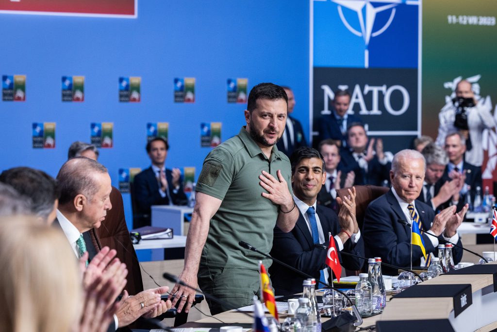 Photo: Meeting of the NATO-Ukraine Council at the level of Heads of State and Government, with Sweden, 12 JULY 2023 Left to right: President Voldymyr Zelenskyy (Ukraine) with Rishi Sunak (UK Prime Minister) and US President Joe Biden. Credit: NATO