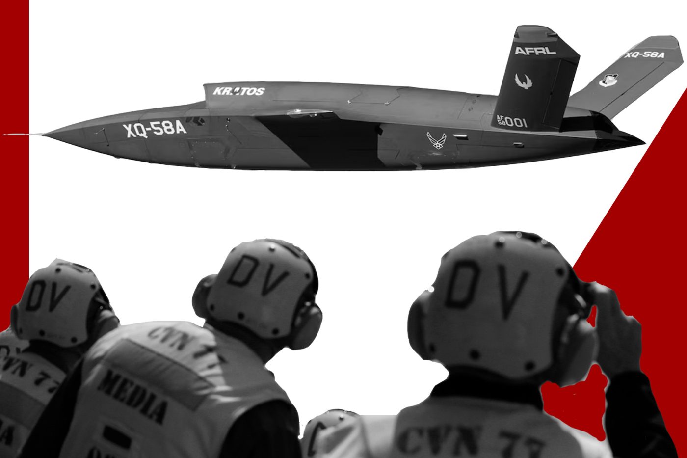Illustration: Michael Newton/ Center for European Policy Analysis. Images Top: The XQ-58A Valkyrie demonstrator, a long-range, high subsonic unmanned air vehicle completed its inaugural flight March 5, 2019 at Yuma Proving Grounds, Arizona. Credit: 88 Air Base Wing Public Affairs; Image Bottom: An X-47B pilot-less drone combat aircraft is launched for the first time off an aircraft carrier, the USS George H. W. Bush, in the Atlantic Ocean off the coast of Virginia, May 14, 2013. The U.S. Navy made aviation history on Tuesday by catapulting an unmanned jet off an aircraft carrier for the first time, testing a long-range, stealthy, bat-winged plane that represents a jump forward in drone technology. Credit: REUTERS/Jason Reed.
