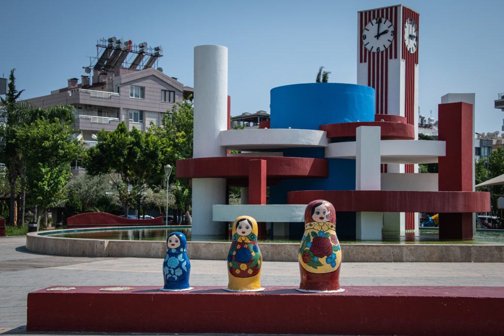Photo: Above, on 7 August 2022, three statues of matryoshka dolls stand in Liman, Konyaalti, a district known for its large Russian population in Antalya, Turkey. Credit: Diego Cupolo/NurPhoto.