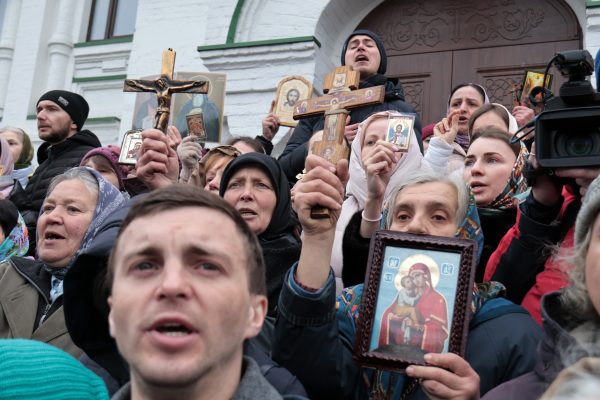 Photo: KYIV, UKRAINE - MARCH 31, 2023 - Supporters of the Ukrainian Orthodox Church of the Moscow Patriarchate (UOC MP) hold an impromptu prayer service outside the Church of Agapetus of Pechersk at the Kyiv-Pechersk Lavra, Kyiv, March 31, 2023. On March 29, UOC (MP) priests had to leave the Lavra premises since the agreement on the free lease of the Kyiv-Pechersk Lavra territory expired.NO USE RUSSIA. NO USE BELARUS.NO USE FRANCE Credit: Reuters/Eugen Kotenko