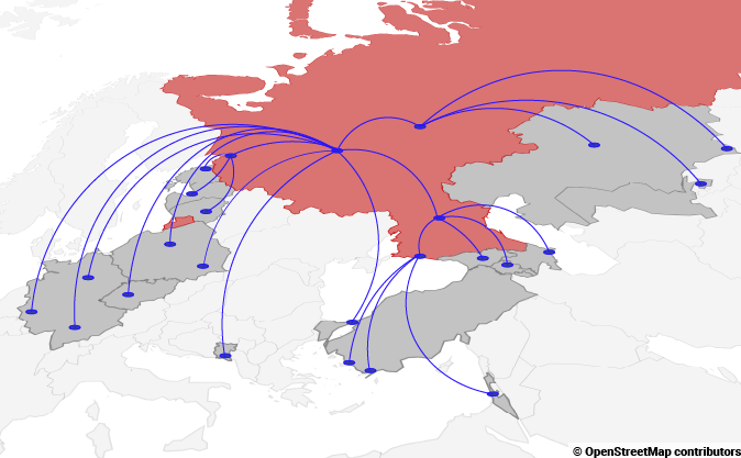 Map: Illustrative Map of Key locations for Russian émigrés since 2022. Created By: Michael Newton/Center for European Policy Analysis.