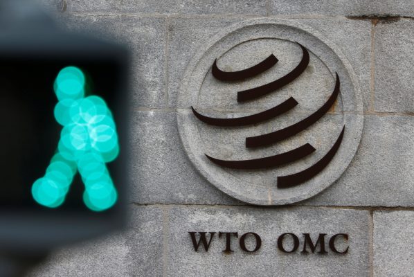 Photo: The World Trade Organization (WTO) logo is pictured in front of their headquarters in Geneva, Switzerland, October 28, 2020. Credit: REUTERS/Denis Balibouse