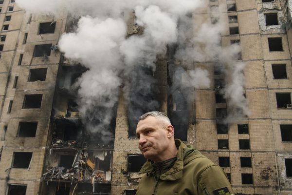 Photo: Kyiv Mayor Vitaliy Klitschko is standing near a residential building that has been heavily damaged during a Russian missile attack this morning in Kyiv, Ukraine, on January 2, 2024. Credit: Photo by Maxym Marusenko/NurPhoto