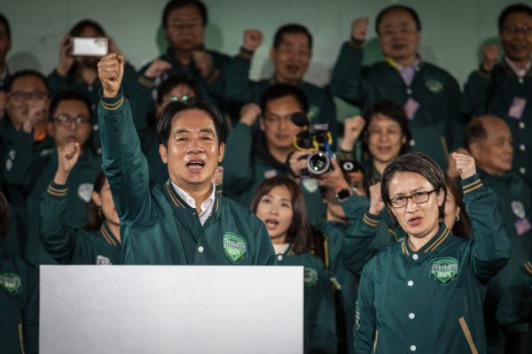 Photo: Newly president-elect Lai Ching-te chanted slogans at the rally in Taipei, Taiwan on Sunday evening, Jan 13, 2024. Lai Ching-te from the Democratic Progressive Party (DPP) won the Taiwan Presidential Election 2024, elected with 40.05% of votes and becoming the 16th President, succeeding current DPP president Tsai Ing-wen, continuing DPP 12th year as ruling party. Lais inauguration will be on 20 May 2024. Democratic Progressive Party (DPP) held a massive rally as supporters waited and celebrated for the election result in Taipei, Taiwan on Sunday evening, Jan 13, 2024. Credit: (Photo by Alex Chan Tsz Yuk/Sipa USA)No Use Germany.