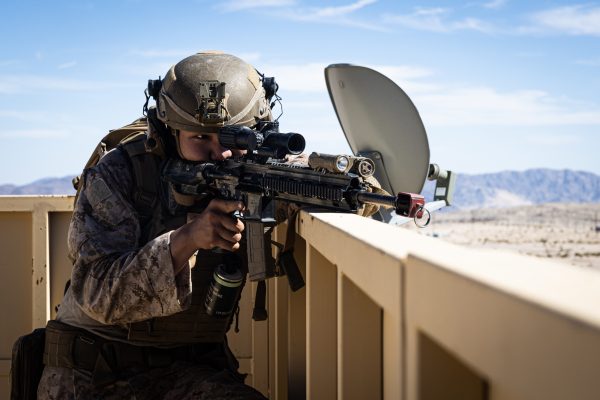 Photo: U.S. Marine Corps Lance Cpl. Donggyu Chung, a Los Angeles, California native, and infantry Marine with 3rd Battalion, 4th Marine Regiment, 7th Marine Regiment (REIN), sights in on his opponent during Exercise Apollo Shield at Marine Corps Air-Ground Combat Center, Twentynine Palms, California, Oct. 17, 2023. Exercise Apollo Shield is the culminating event of Marine Corps Warfighting Lab’s 1-year crawl-walk-run bilateral effort to test equipment capabilities and evaluate tactics, techniques, and procedures. Credit: (U.S. Marine Corps photo by Cpl. Jonathan Willcox) via dvids