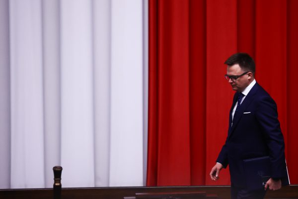 Photo: Marshal of Parliament Szymon Holownia before Donald Tusk programme speech as Prime Minister at Polish Parliament in Warsaw, Poland on December 12, 2023. Credit: Photo by Jakub Porzycki/NurPhoto NO USE FRANCE