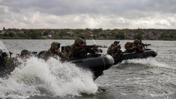 Photo: Fighters of the 37 separate Marines Brigade hone their combat skills while traveling on the water. Credit: @ua_navy via Instagram https://www.instagram.com/p/C11gMUeCagd/?img_index=1