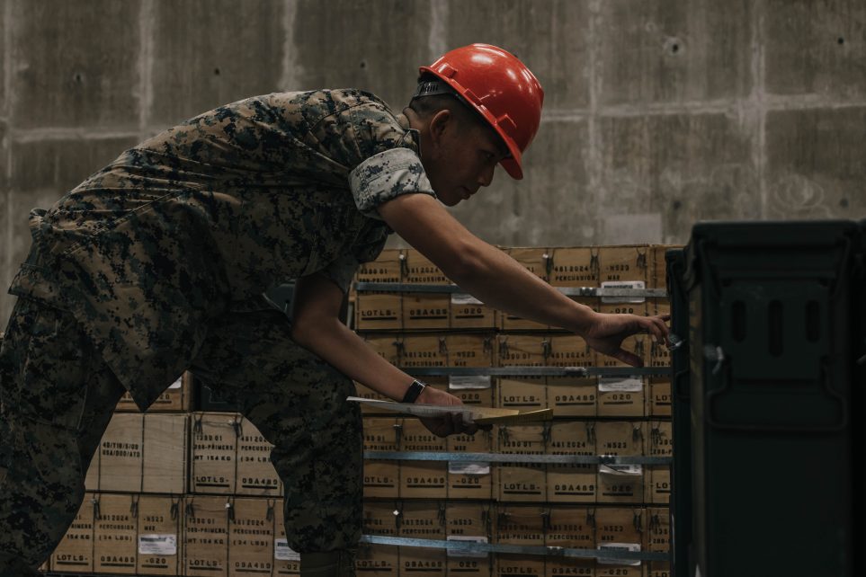 Photo: US Marine Corps Lance Cpl. Harry Fang, an ammunition technician with 1st Supply Battalion, 1st Marine Logistics Group, prepares ammunition for pick up at Camp Pendleton, California, Nov. 1, 2023. Fang was chosen as a hometown hero for his accomplished duties and responsibilities for 1st Supply Bn. Credit: US Marine Corps photo by Cpl. Casandra Lamas via dvids https://www.dvidshub.net/search/?q=ammunition+supply&filter%5Bcountry%5D=United+States&filter%5Bdate%5D=1y&filter%5Btype%5D=image&view=grid