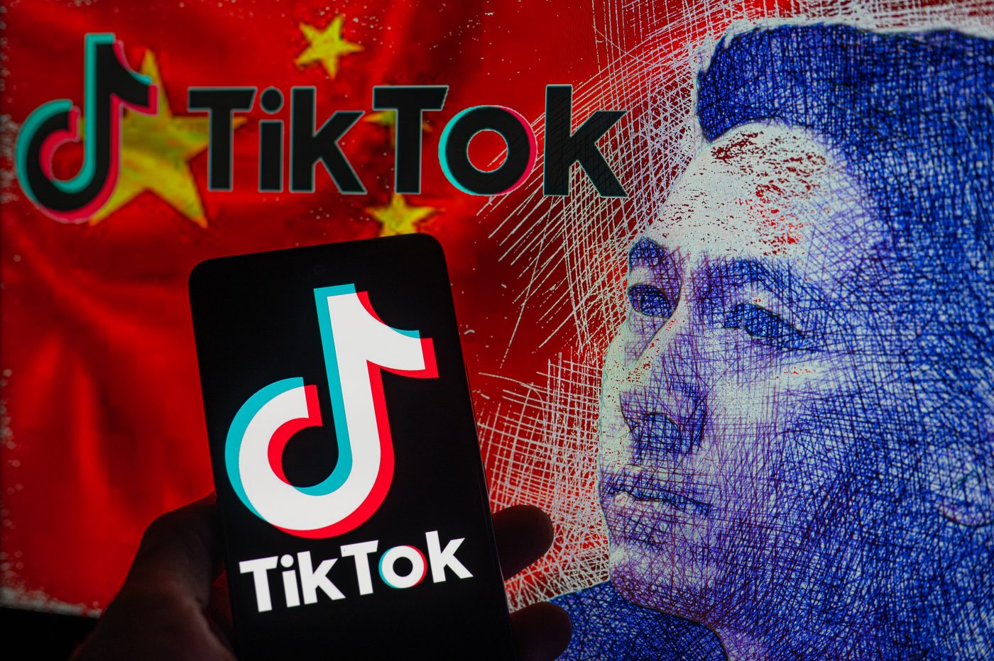 Phone: TikTok logo seen on mobile with TikTok CEO Shou Zi Chew sketch displayed on screen. On 23 March 2023 in Brussels, Belgium. Credit: Jonathan Raa/NurPhoto