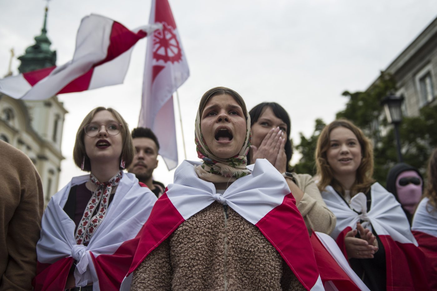 Photo: Belarusian protesters chant slogans and wave white-and-red free Belarusian flags during the march. Hundreds of Belarusians living in exile in Poland, marched in Warsaw to protest political repression in Belarus - a demonstration held on the eve of the 3rd anniversary of the Belarus presidential election that they consider rigged. The protest focused on the Aug. 9, 2020 presidential election in Belarus in which President Alexander Lukashenko was awarded a sixth term in a vote that the opposition and many in the West view as fraudulent. Protesters carried the Belarusian oppositions red-and-white flag, which is banned in Belarus, and chanted Long live Belarus! Credit: Attila Husejnow / SOPA Images/Sipa USA