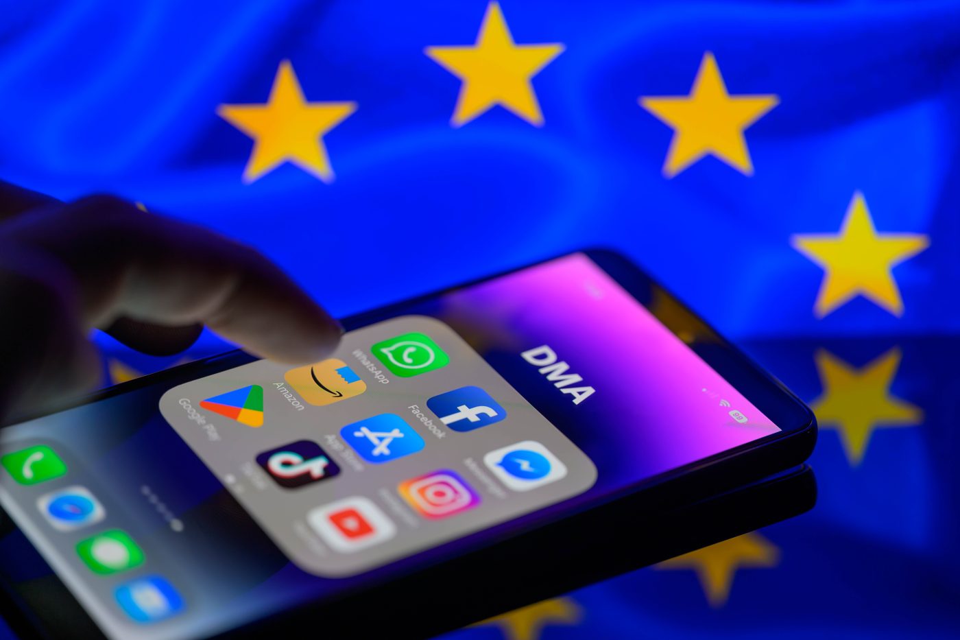 Photo: App icons of online platforms Google, Facebook, LinkedIn, Amazon, Apple Store, and TikTok are being displayed on a smartphone with the EU Digital Market Act (DMA) in this photo illustration, taken in Brussels, Belgium, on February 17, 2024. Credit: Jonathan Raa/NurPhoto