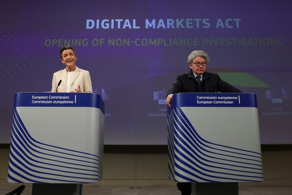 Photo: EU antitrust chief Margrethe Vestager and European Commissioner for Internal Market Thierry Breton hold a press conference in Brussels, Belgium March 25, 2024. Credit: REUTERS/Yves Herman