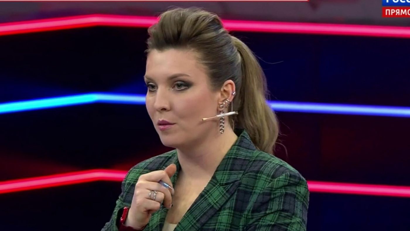 Image: Screenshot of Olga Skabeeva, host of 60 minutes on Russian television. Source: YouTube via BBC News.