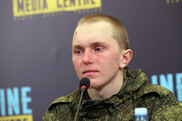 Photo: Captive Russian conscript Anton Savin is pictured during a briefing at the Ukraine Media Centre, Kyiv, capital of Ukraine. The captives apologized to Ukrainians and said they had been deceived. Kyiv, Ukraine, March 14, 2022. Credit: Pavlo Bahmut/Ukrinform/ABACAPRESS.COM