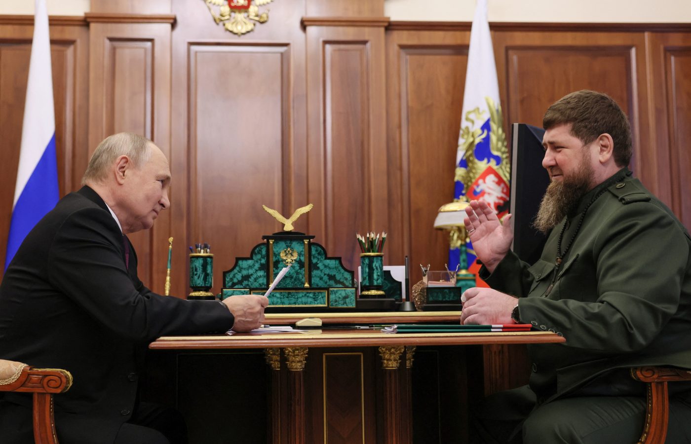 Photo: Russian President Vladimir Putin attends a meeting with Chechen leader Ramzan Kadyrov in Moscow, Russia, September 28, 2023. Credit: Sputnik/Mikhail Metzel/Pool via REUTERS.