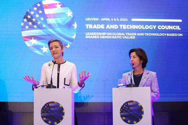 Photo: European Commission Executive Vice-President Margrethe Vestager speaks next to U.S. Secretary of Commerce Gina Raimondo during the US-EU Trade and Technology Council in Leuven, Belgium April 5, 2024. Credit: REUTERS/Johanna Geron/Pool.