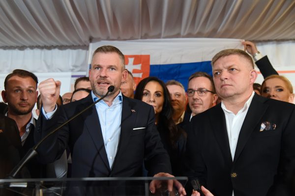 Photo: Peter Pellegrini (center), current speaker of the Slovak National Council and newly elected Slovak president, speaks to the journalists in his campaign headquarter in Bratislava. On right side is Slovak prime minister Robert Fico. Peter Pellegrini , current speaker of the Slovak National Council , won the presidential elections, outpacing former Slovak foreign minister Ivan Korcok. Credit: Tomas Tkacik / SOPA Images.