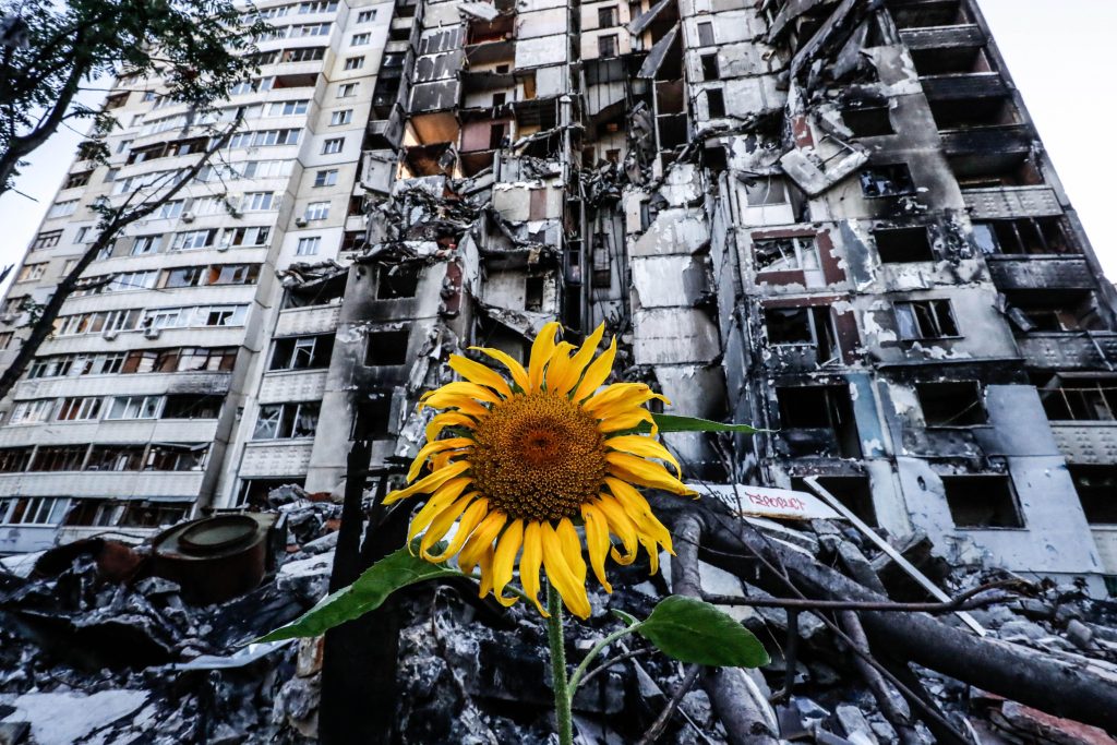 Photo: Kharkiv, Ukraine. 7th Aug, 2022. A sunflower is seen among the debris of a heavily damaged apartment building following a Russian air strike on a Kharkiv residential area. Credit: Daniel Ceng Shou-Yi/ZUMA Press Wire