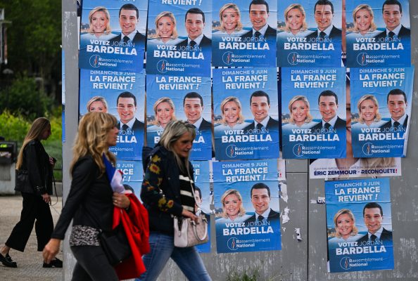 Vandalized European Parliament election posters of Marine Le Pen, President of the National Rally group in the National Assembly, and Jordan Bardella, President of the National Rally (Rassemblement National), near Palais des Sports, on June 2, 2024, in Paris, France. Credit: Artur Widak/NurPhoto