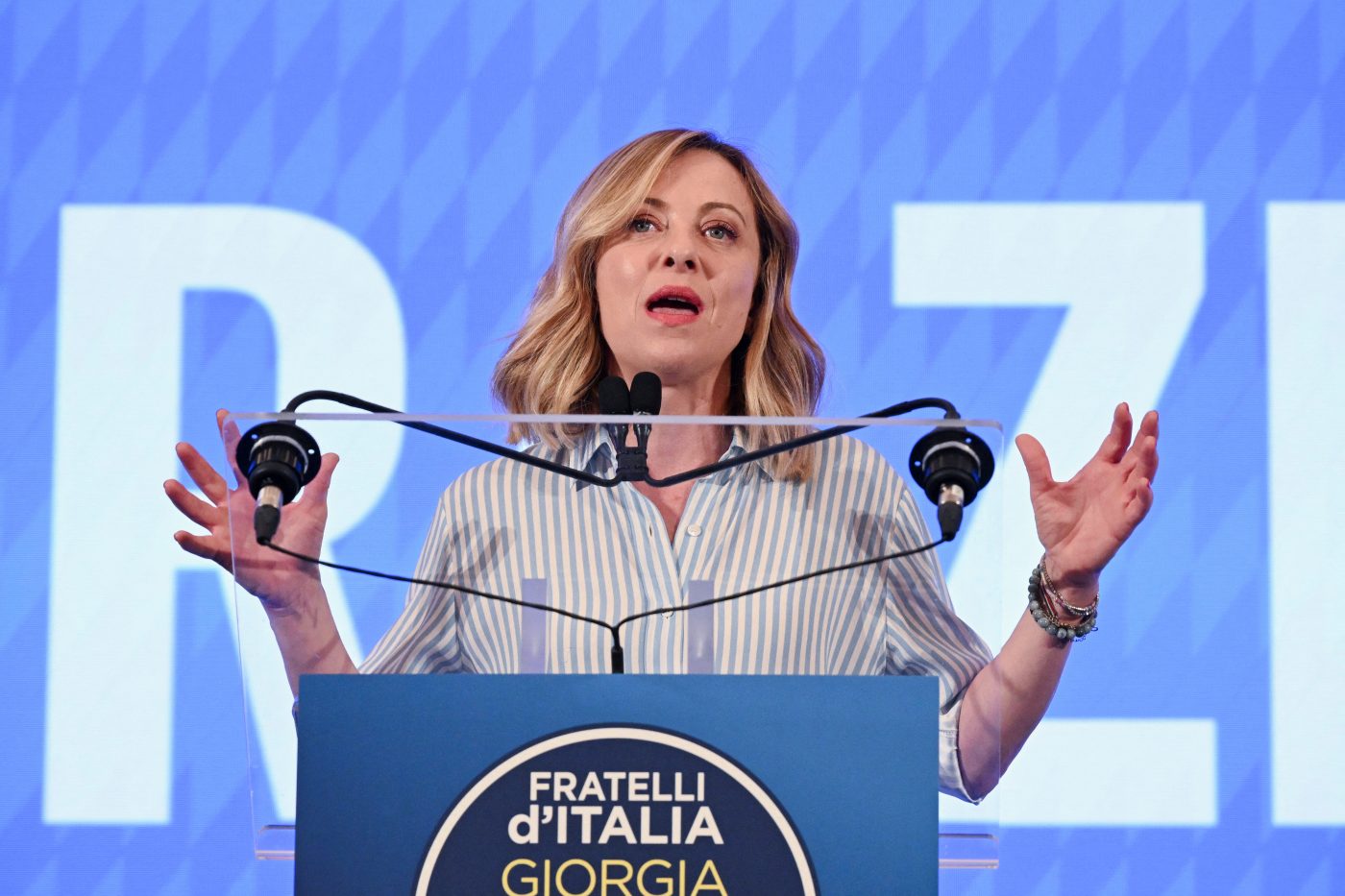 Photo: Italy's Prime Minister Giorgia Meloni speaks following the announcement of the partial results of the European Parliament elections, in Rome, Italy, June 10, 2024 Credit: REUTERS/Alberto Lingria