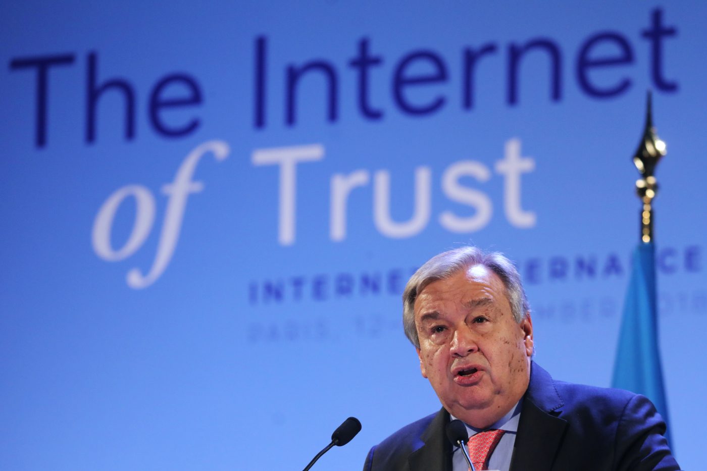 Photo: UN Secretary-General Antonio Guterres delivers a speech during the opening session of the Internet Governance Forum (IGF) at the UNESCO headquarters in Paris, France November 12, 2018. Credit: Ludovic Marin/Pool via REUTERS