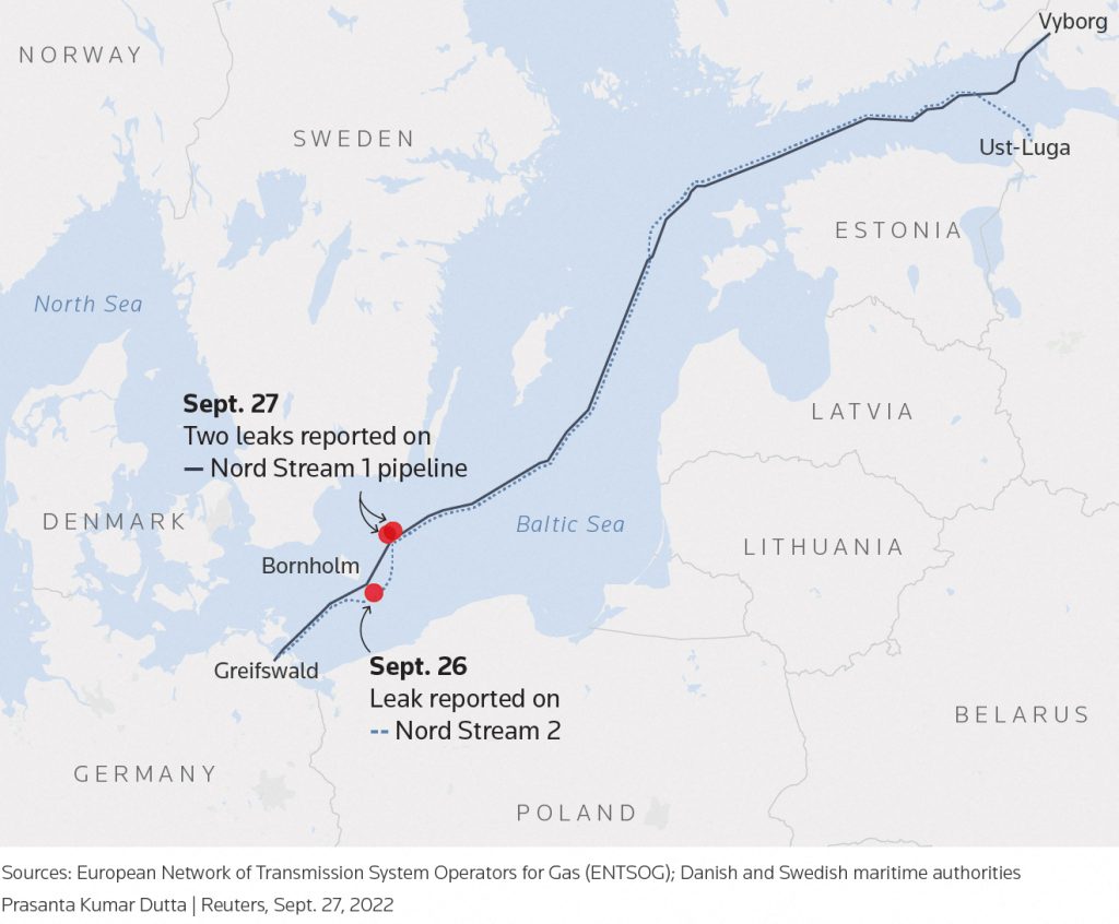 Map: European leaders and Moscow say they can not rule out sabotage. Map of Nord Stream pipelines and locations of reported leaks. Credit: Reuters