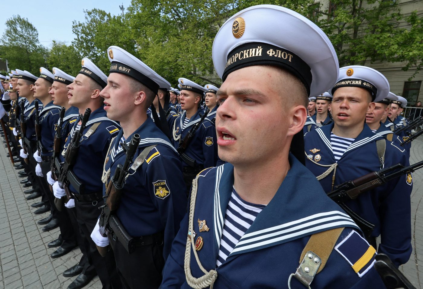 Photo: Russian navy sailors line up during a ceremony marking 240th anniversary of Russia's Black Sea Fleet in Sevastopol, Crimea May 13, 2023. Credit: REUTERS/Alexey Pavlishak