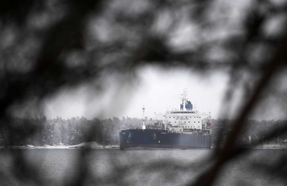 Photo: Cook Islands registered oil tanker Eagle S anchored near the Kilpilahti port in Porvoo, Finland on the Gulf of Finland on January 13, 2025. The tanker is suspected of the disruption of the Finland-Estonia electrical link Estlink 2 and the tanker is also suspected to be part of the so-called Russian shadow fleet. Credit: VESA MOILANEN/LEHTIKUVA/Sipa USA via REUTERS connect