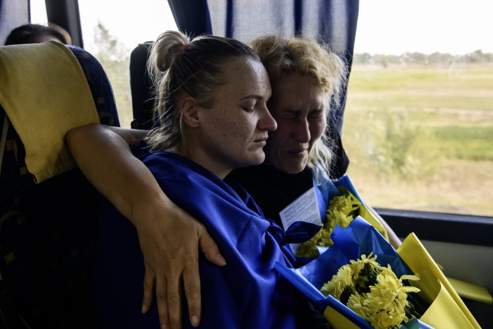 Photo: Ukrainian prisoners of war (POWs) react as they return to Ukraine from captivity after a swap with Russia in Chernihiv Region, Ukraine, on September 13, 2024. Credit: Maxym Marusenko/NurPhoto