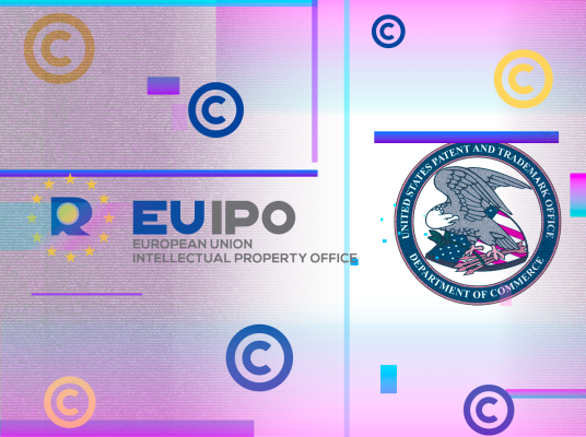 Illustration: Michael Newton/Center for European Policy Anlaysis. Description: Logos of the European Union Intellectual Property office and the United States Patent and Trade Mark Office alongside copyright marks.