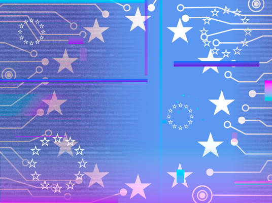 Illustration: Michael Newton/Center for European Policy Analysis. Description: The outline of the European Union flag is surrounded by digital glitches and semiconductor connections.
