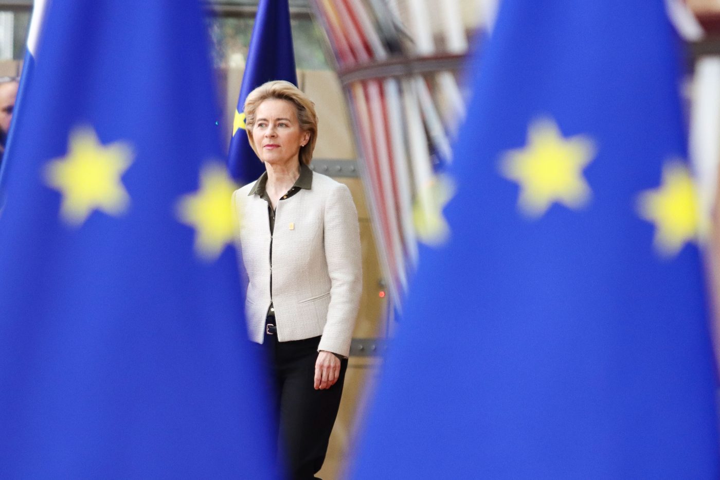 Photo: President of European Commission Ursula von der Leyen as seen arriving on the red carpet with the EU flags in the background, at the special European Council EUCO, EURO summit, EU leaders meeting in Brussels, Belgium about the future planning of the next long term budget of the European Union - EU on February 21, 2020. Credit: Nicolas Economou/NurPhoto via Reuters