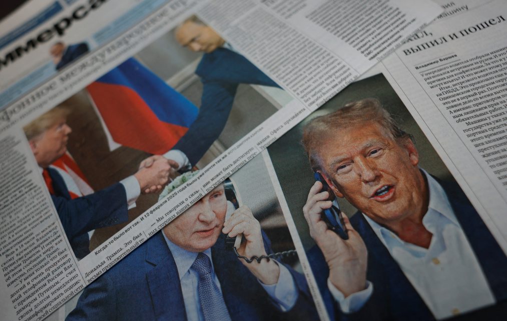 Photo: Daily newspapers with covers, dedicated to the recent phone call of Russian President Vladimir Putin and U.S. President Donald Trump, are laid out at a newsstand in a street in Moscow, Russia, February 13, 2025. Credit: REUTERS/Maxim Shemetov/Illustration