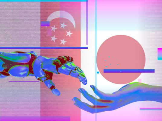 Illustration: Zoë Beach/Center for European Policy Analysis. Image: Two hands reaching for a flying object in the sky Credit: Cash Macanaya/Unsplash Image: Japanese flag Credit: Wikimedia Commons Image: Singaporean flag Credit: Wikimedia Commons