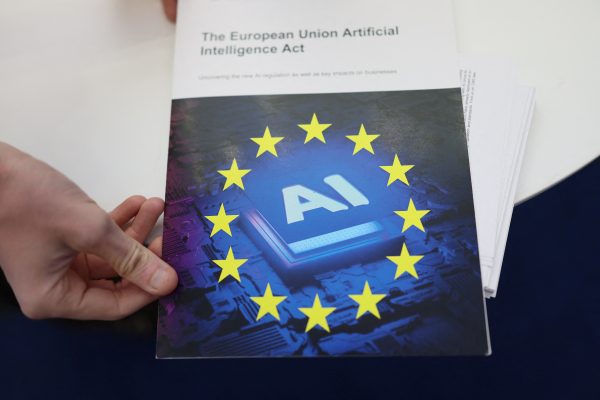 Photo: A copy of "The European Union Artificial Intelligence (AI) Act" on display during the AI & Big Data Expo 2025 at the Olympia, in London, Britain, February 5, 2025. Credit: REUTERS/Isabel Infantes