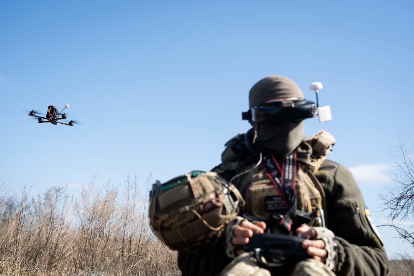 Photo: A Ukrainian soldier performs a trial with an FPV drone in the region of Kharkiv, Ukraine, on March 19, 2025. Credit: Alfons Cabrera/NurPhot