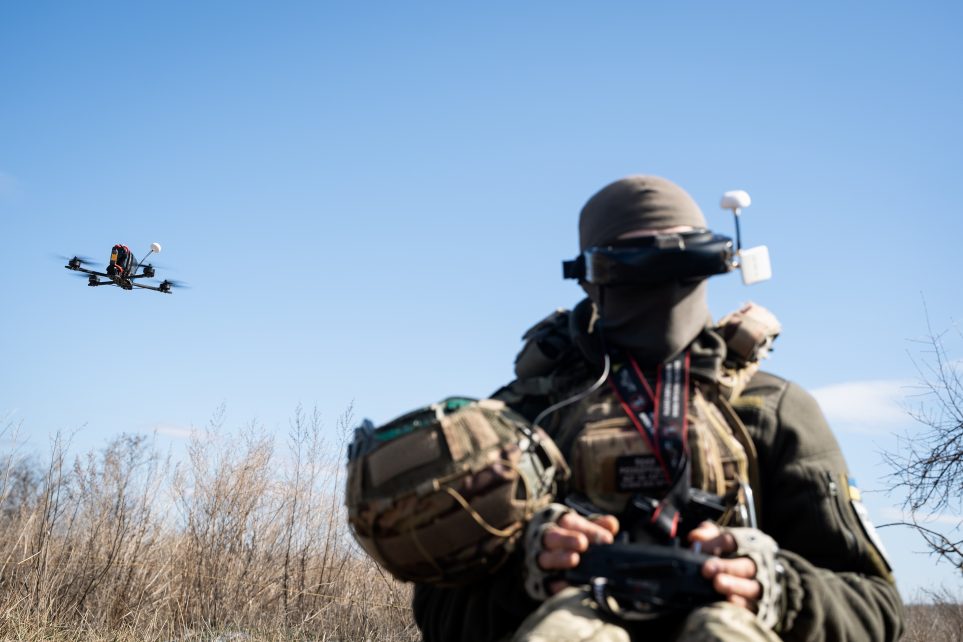 Photo: A Ukrainian soldier performs a trial with an FPV drone in the region of Kharkiv, Ukraine, on March 19, 2025. Credit: Alfons Cabrera/NurPhot