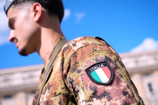 Photo: A badge is een on the arm of a soldier at the Vatican in Rome, Italy on 24 April, 2025. Credit: Jaap Arriens/NurPhoto