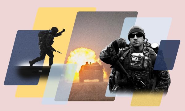 Illustration: Zoë Beach/The Center for European Policy Analysis. Photo: US Marine gives orders while preparing for a cold weather training march. Credit: NATO Flickr via https://flic.kr/p/2b4cX1c Photo: A British soldier signals to a German Army LEGUAN bridge-laying tank as he runs across it. Credit: NATO Flickr via https://flic.kr/p/2p5YZKr Photo: French troops participate in Exercise Furious Hawk 2019 Credit: NATO Flickr via https://flic.kr/p/2hgHnDV Photo: Sand Texture Credit: Yan Ots via Unsplash https://unsplash.com/photos/a-bird-is-standing-on-the-sand-of-the-beach--4Q0Zx_po_0