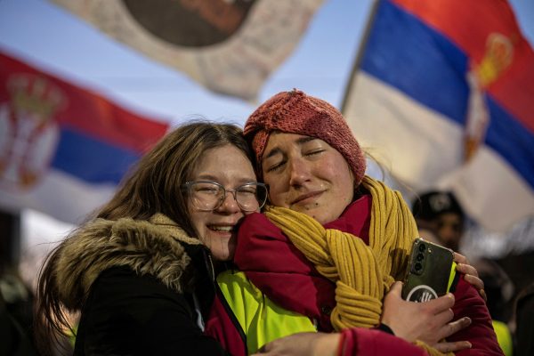 Photo: Students react after a protest march from Zrenjanin over the fatal November 2024 Novi Sad railway station roof collapse, in Vrsac, Serbia February 22, 2025. Credit: REUTERS/Marko Djurica  